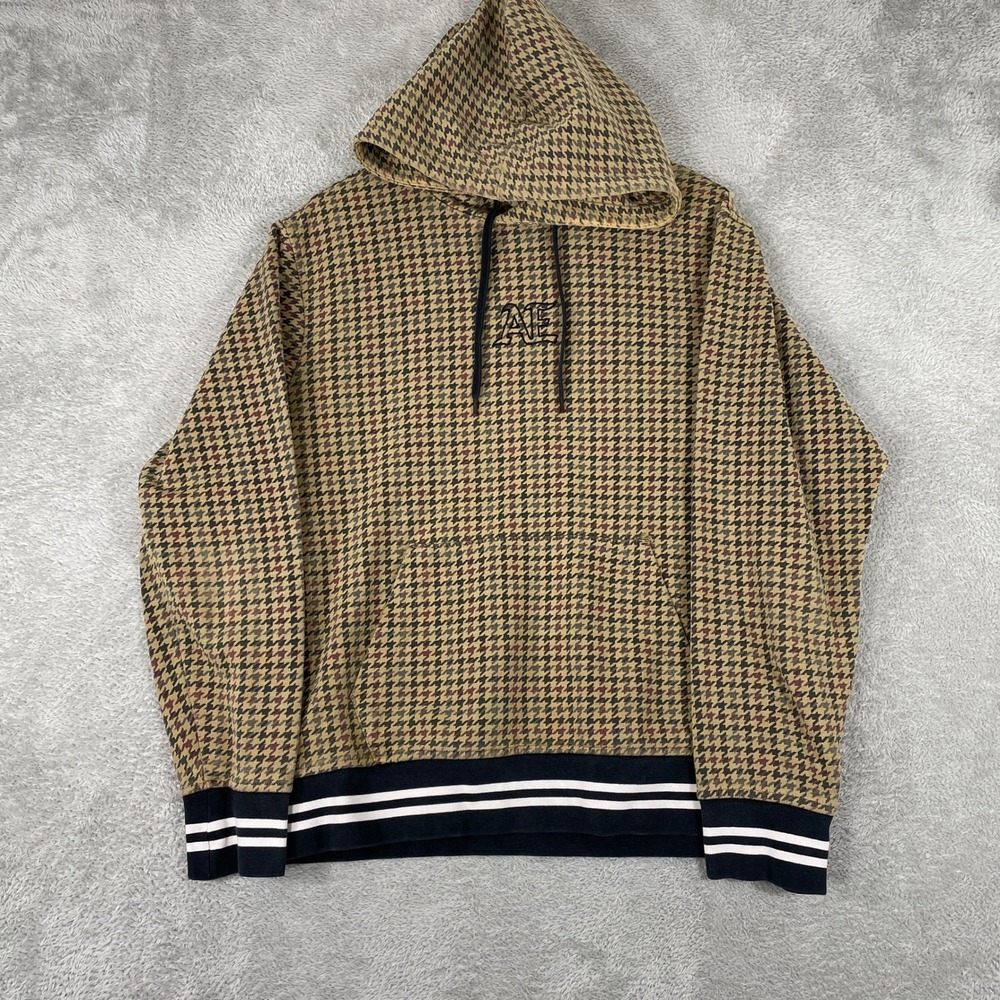 American Eagle Hoodie Mens Medium Tan Houndstooth AE Logo Varsity Stripe Trim